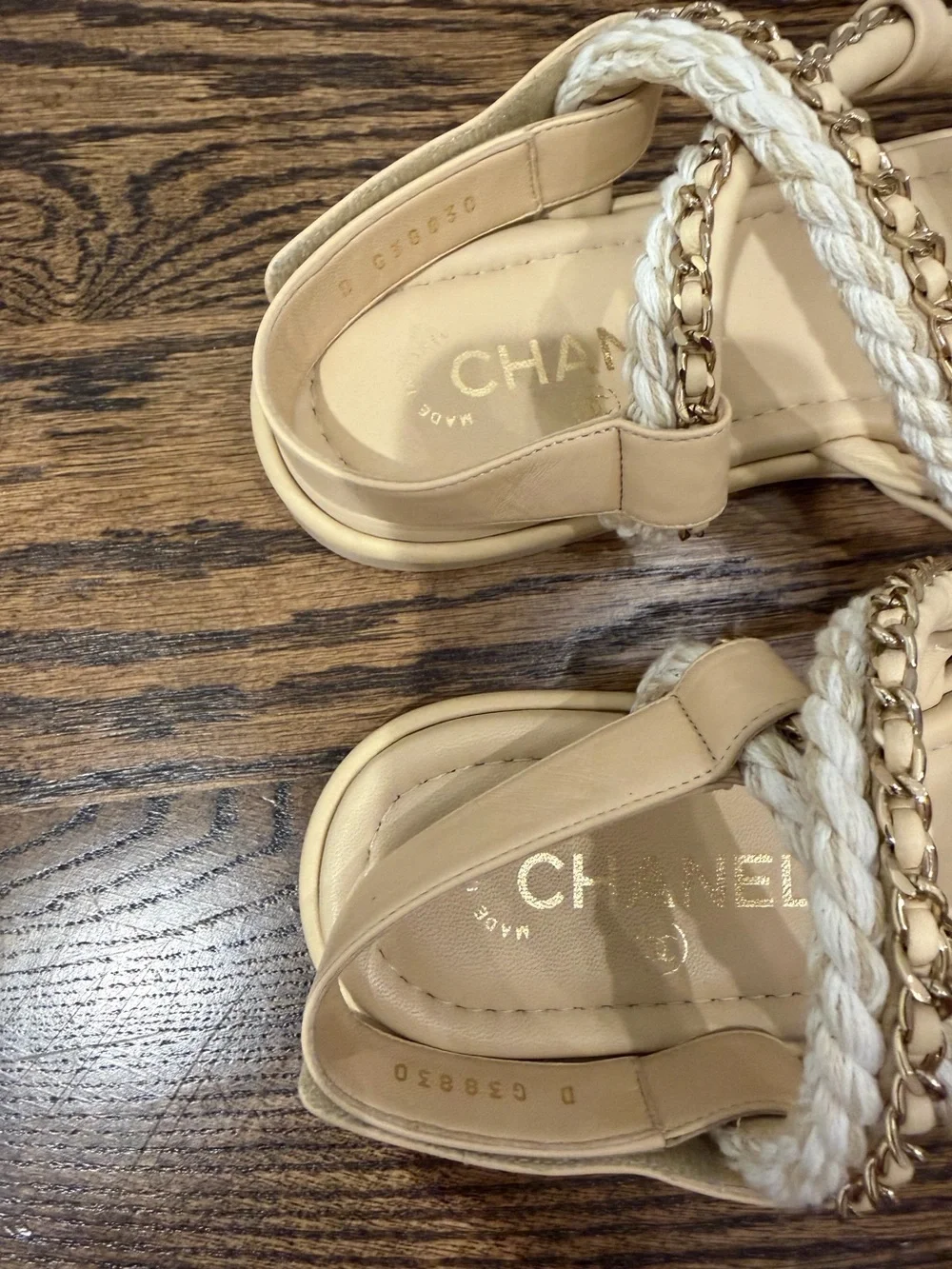 CHANEL Cream Braided & Chain Strap Sandals